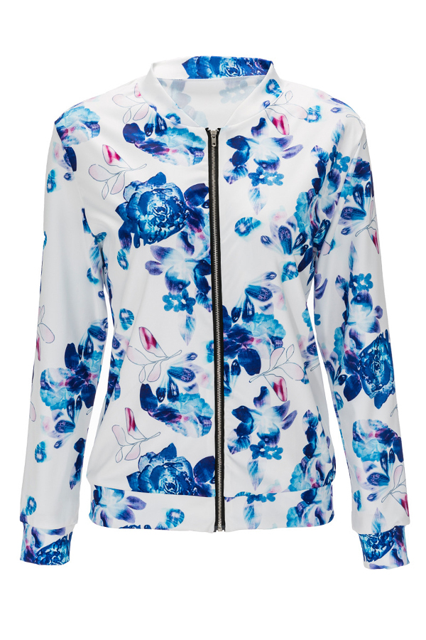 

Lovely Euramerican Long Sleeves Floral Printed Blue Jacket