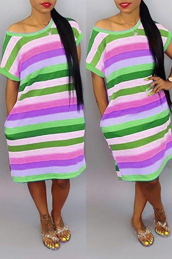 Lovely Casual O Neck Striped Purple Knee Length Dress