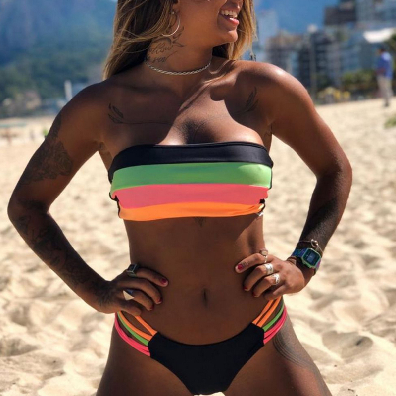 Lovely Polyester Bohemian Striped Basic Skinny Strapless Padded Bikinis, Multi
Lovely Polyester Bohemian Striped Basic Skinny Strapless Padded Bikinis, Multi