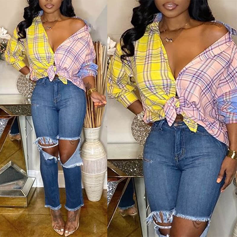 Lovely Casual Grid Print Yellow Shirt
