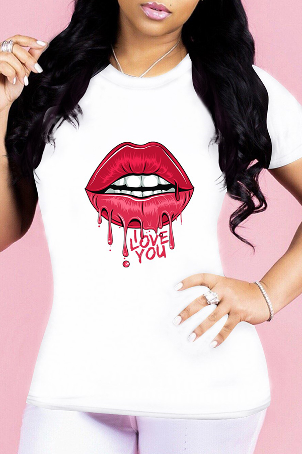 Lovely Leisure O Neck Lip Print White T-shirt