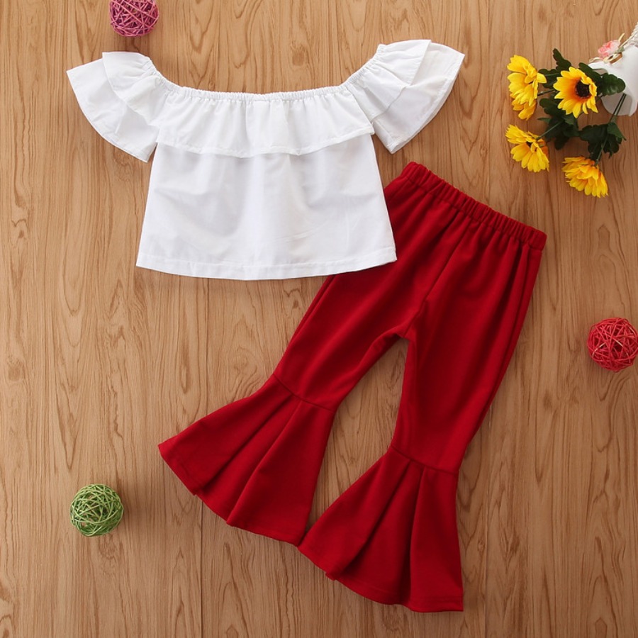 Lovely Sweet Flounce Design White Girl Two Piece Pants Set Sale