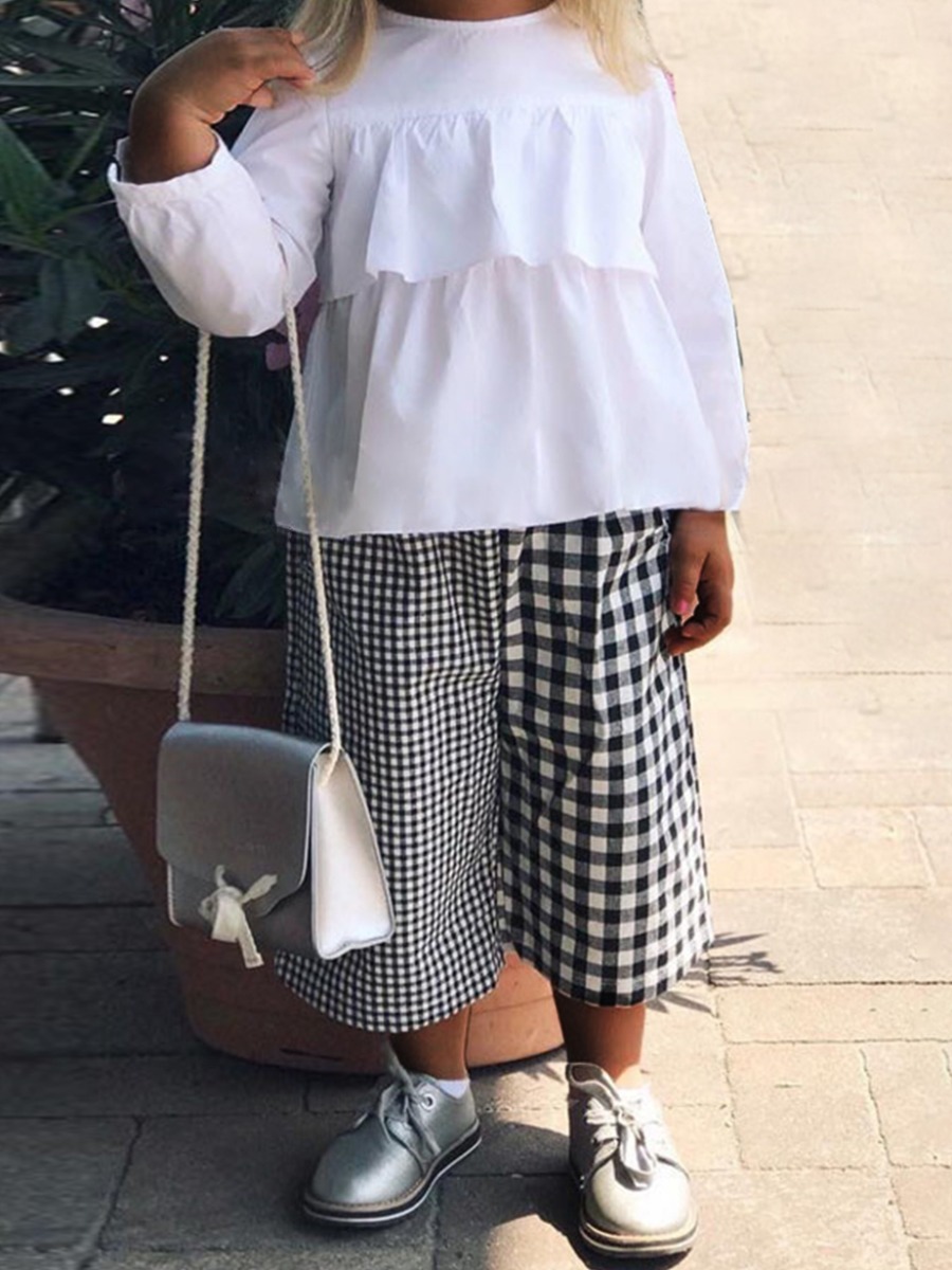 lovely Stylish O Neck Flounce Design Grid Print White Girl Two-piece Pants Set
lovely Stylish O Neck Flounce Design Grid Print White Girl Two-piece Pants Set