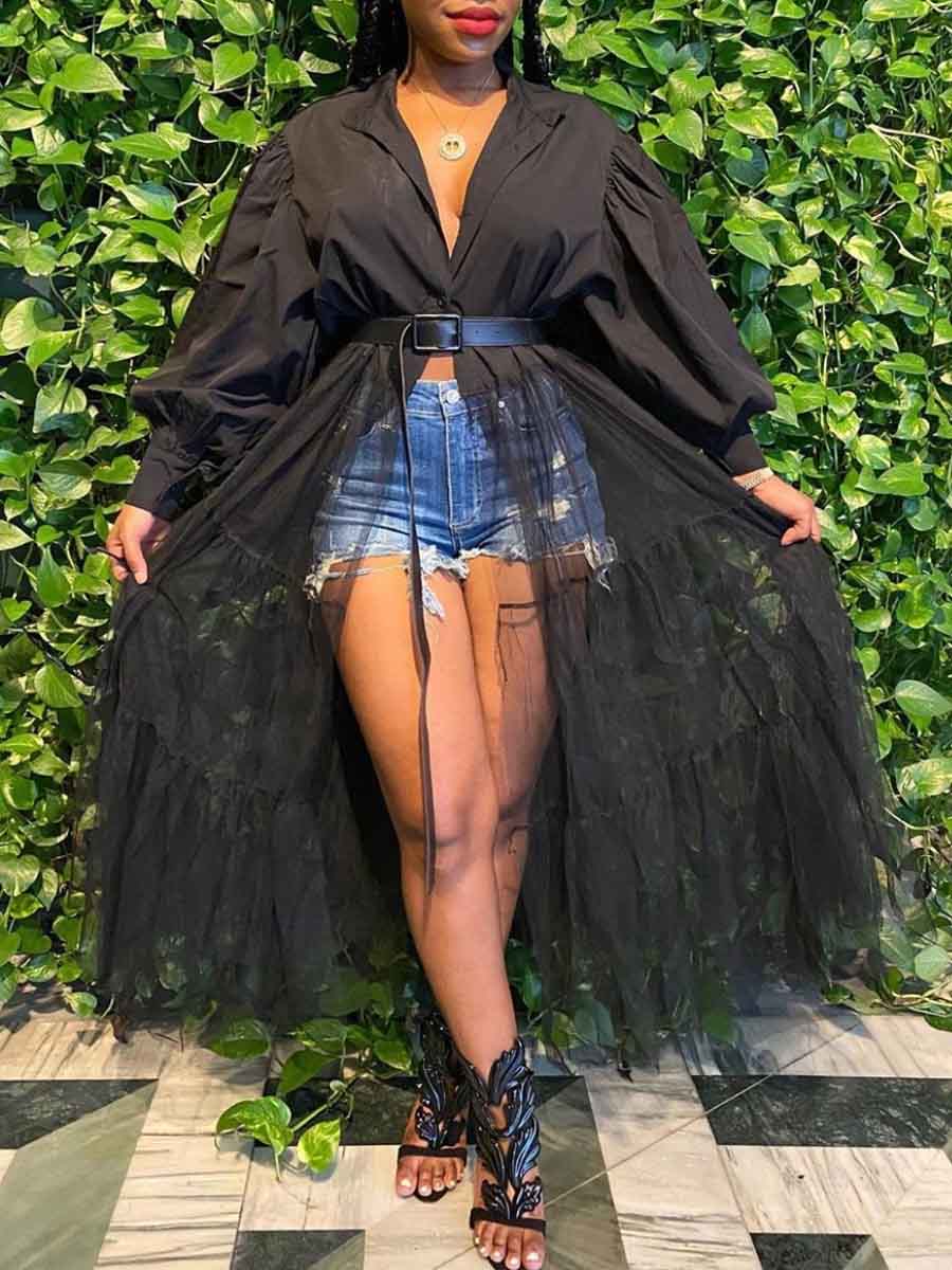 Lovely Trendy Patchwork See-through Black Long Coat 
Lovely Trendy Patchwork See-through Black Long Coat