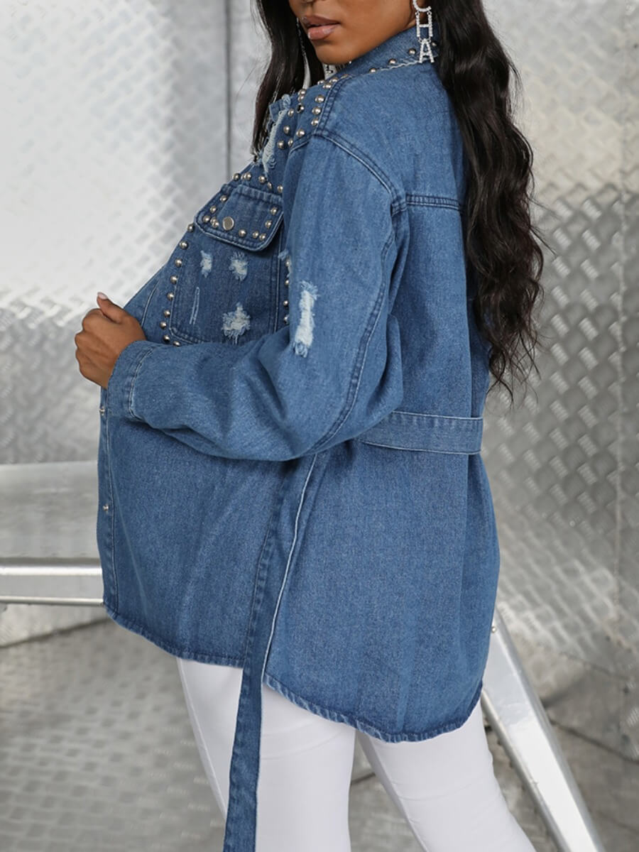 Lovely Street Turndown Collar Nail Bead Design Broken Holes Blue Denim Jacket
Lovely Street Turndown Collar Nail Bead Design Broken Holes Blue Denim Jacket