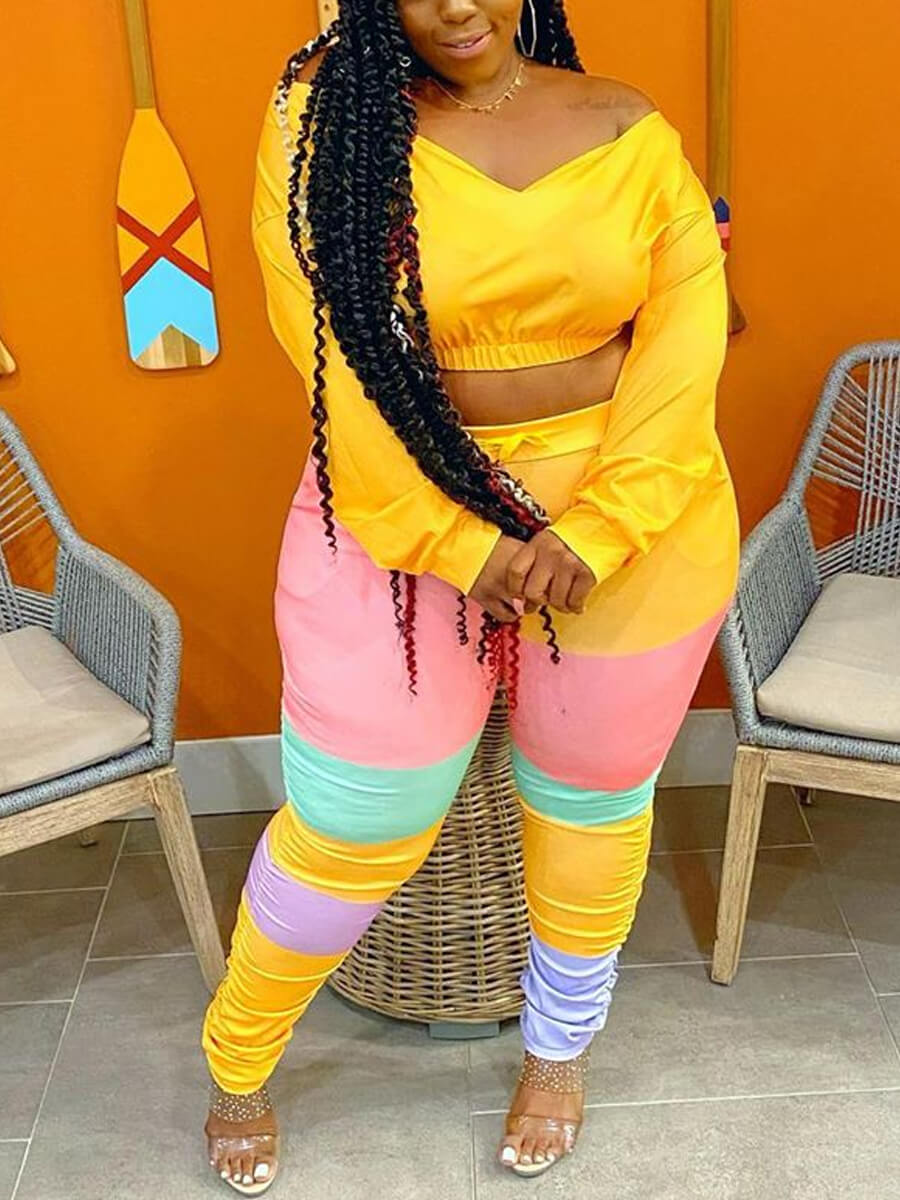 Lovely Sportswear Dew Shoulder Patchwork Yellow Plus Size Two-piece Pants Set
Lovely Sportswear Dew Shoulder Patchwork Yellow Plus Size Two-piece Pants Set