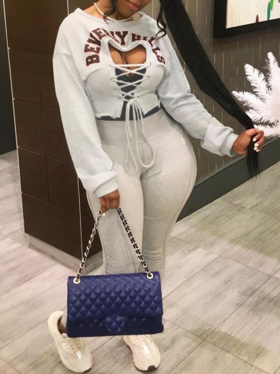 Lovely Sportswear O Neck Letter Print Bandage Design Grey Two Piece Pants Set
Lovely Sportswear O Neck Letter Print Bandage Design Grey Two Piece Pants Set