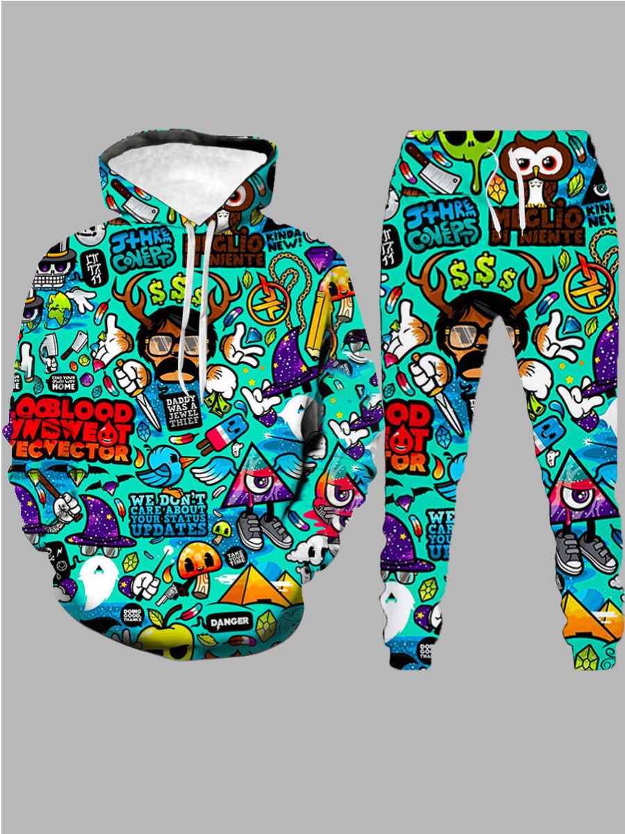 lovely Sportswear Hooded Collar Cartoon Print Multicolor Men Two-piece Pants Set, Multi 
lovely Sportswear Hooded Collar Cartoon Print Multicolor Men Two-piece Pants Set, Multi