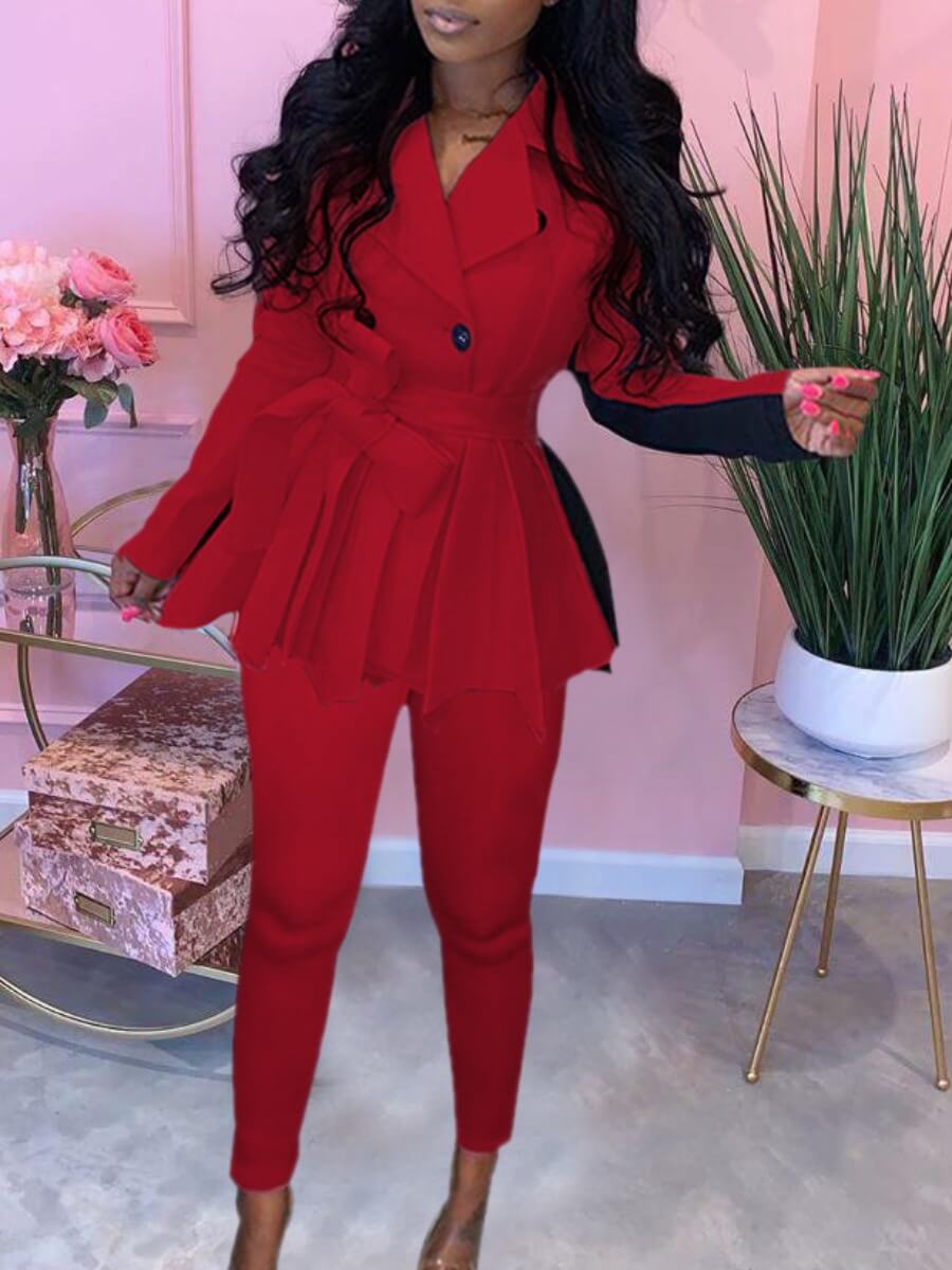 Lovely Trendy Turndown Collar Patchwork Fold Design Red Two Piece Pants Set
Lovely Trendy Turndown Collar Patchwork Fold Design Red Two Piece Pants Set