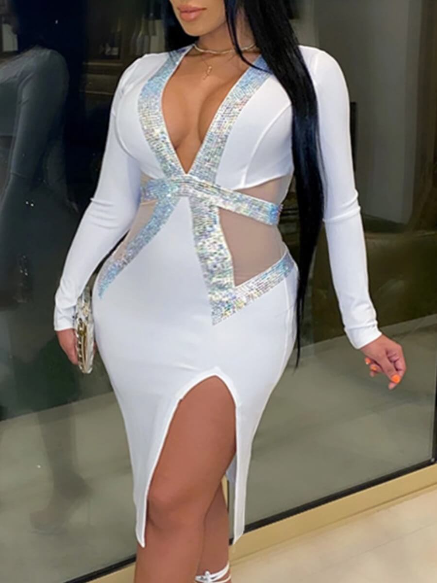 Lovely Sexy V Neck Mesh Patchwork Side Split White Knee Length Plus Size Dress
Lovely Sexy V Neck Mesh Patchwork Side Split White Knee Length Plus Size Dress