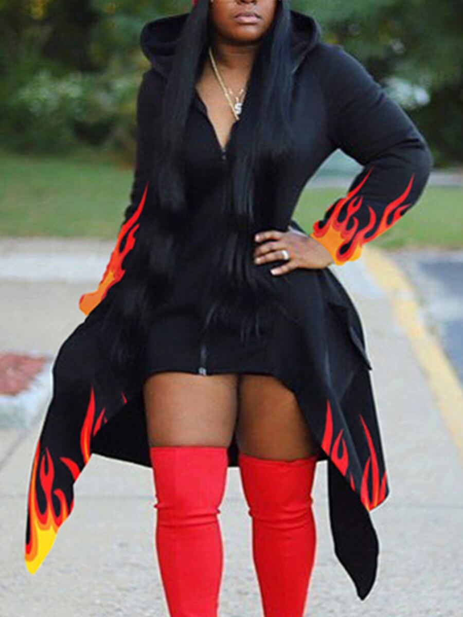 Lovely Stylish Hooded Collar Fire Print Asymmetrical Black Plus Size Trench Coat
Lovely Stylish Hooded Collar Fire Print Asymmetrical Black Plus Size Trench Coat