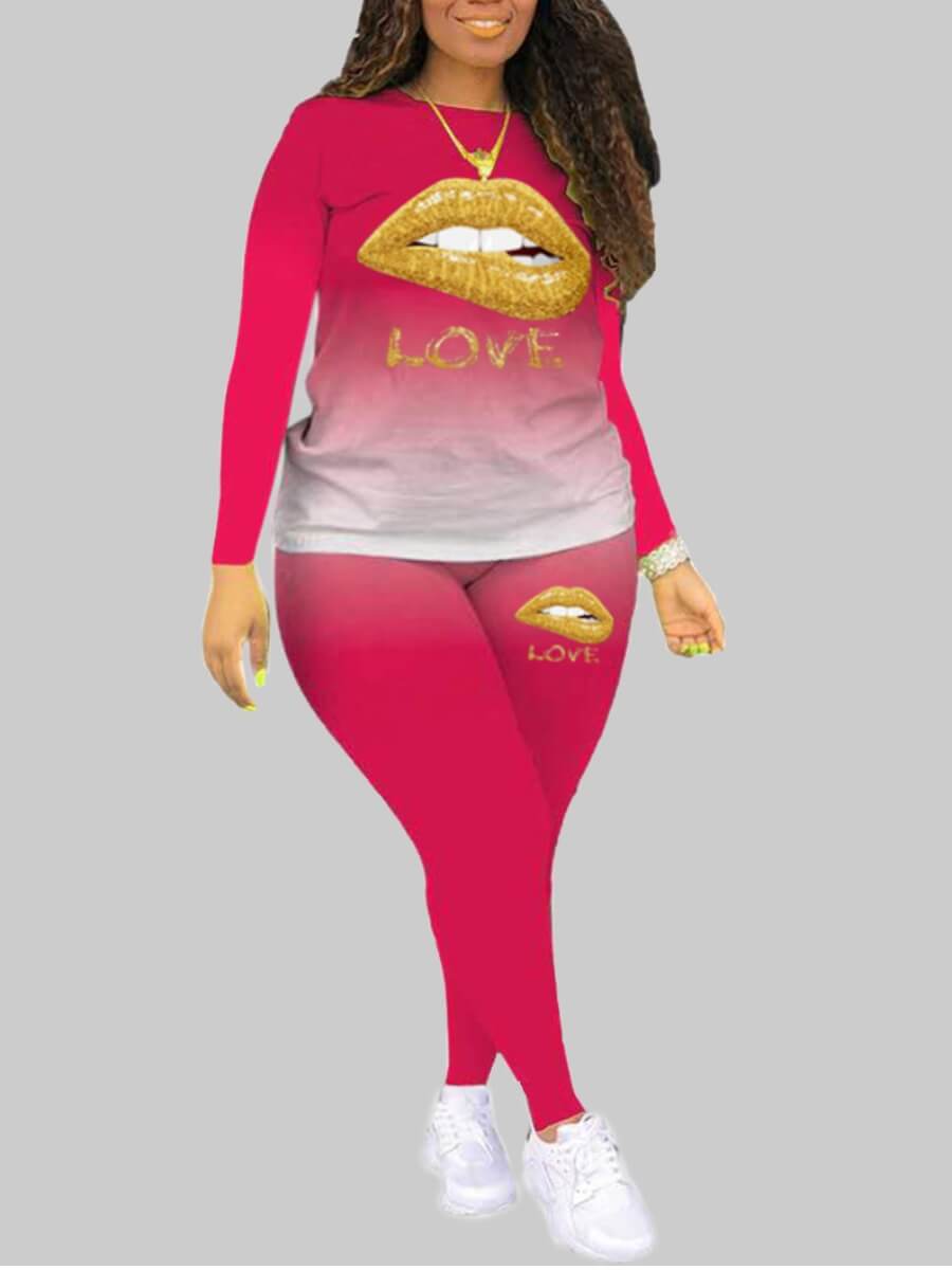 Lovely Casual Lip Print Red Plus Size Two-piece Pants Set 
Lovely Casual Lip Print Red Plus Size Two-piece Pants Set
