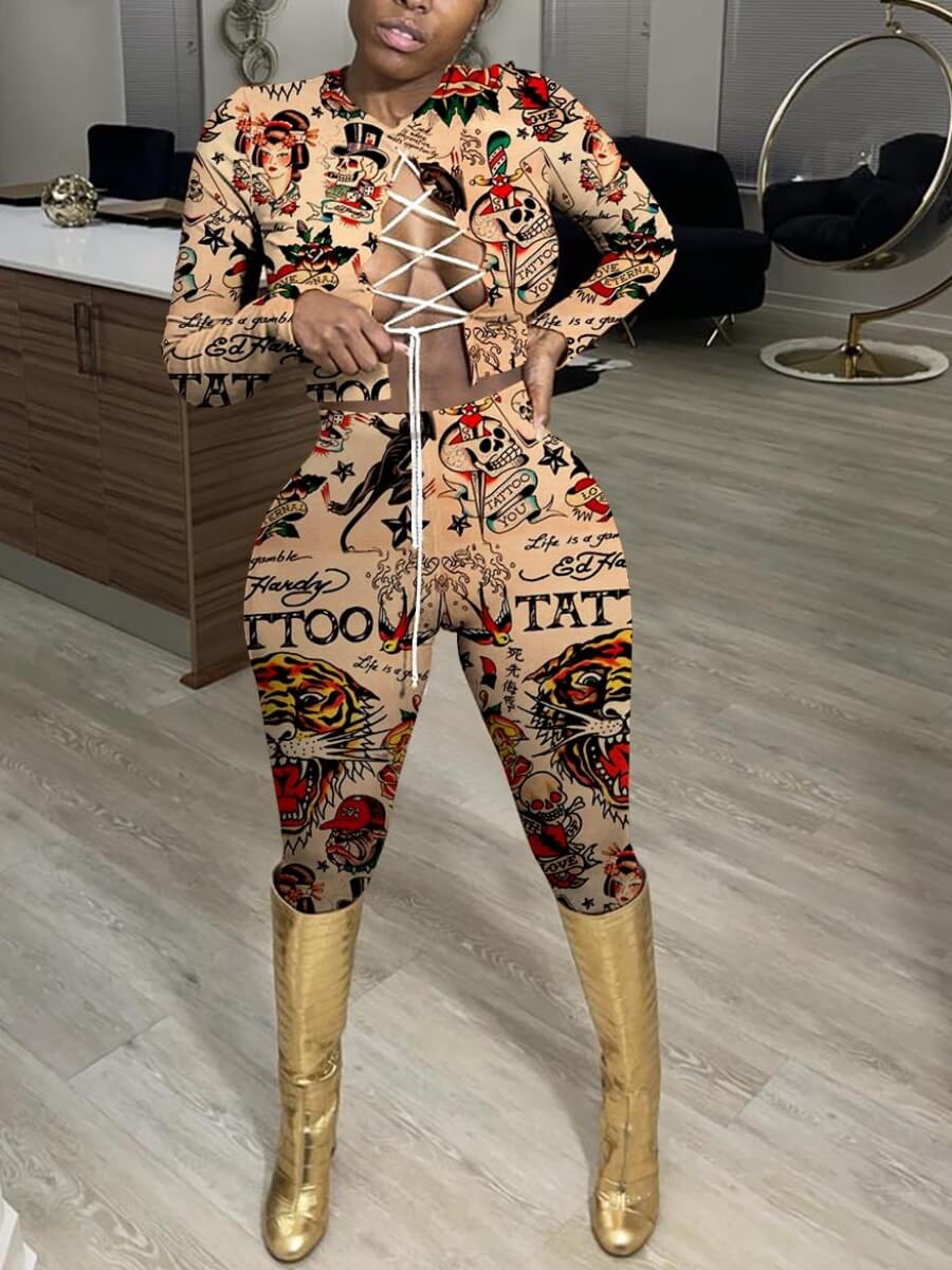 Lovely Stylish Letter Print Bandage Hollow-out Design Khaki Two Piece Pants Set
Lovely Stylish Letter Print Bandage Hollow-out Design Khaki Two Piece Pants Set