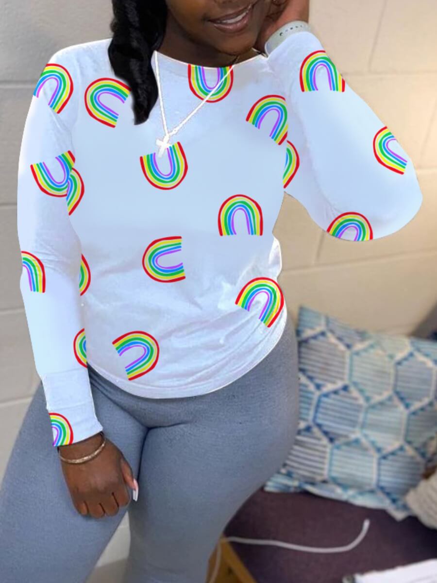 Lovely Sweet O Neck Rainbow Print White T-shirt(No-positioning Printing
Lovely Sweet O Neck Rainbow Print White T-shirt(No-positioning Printing