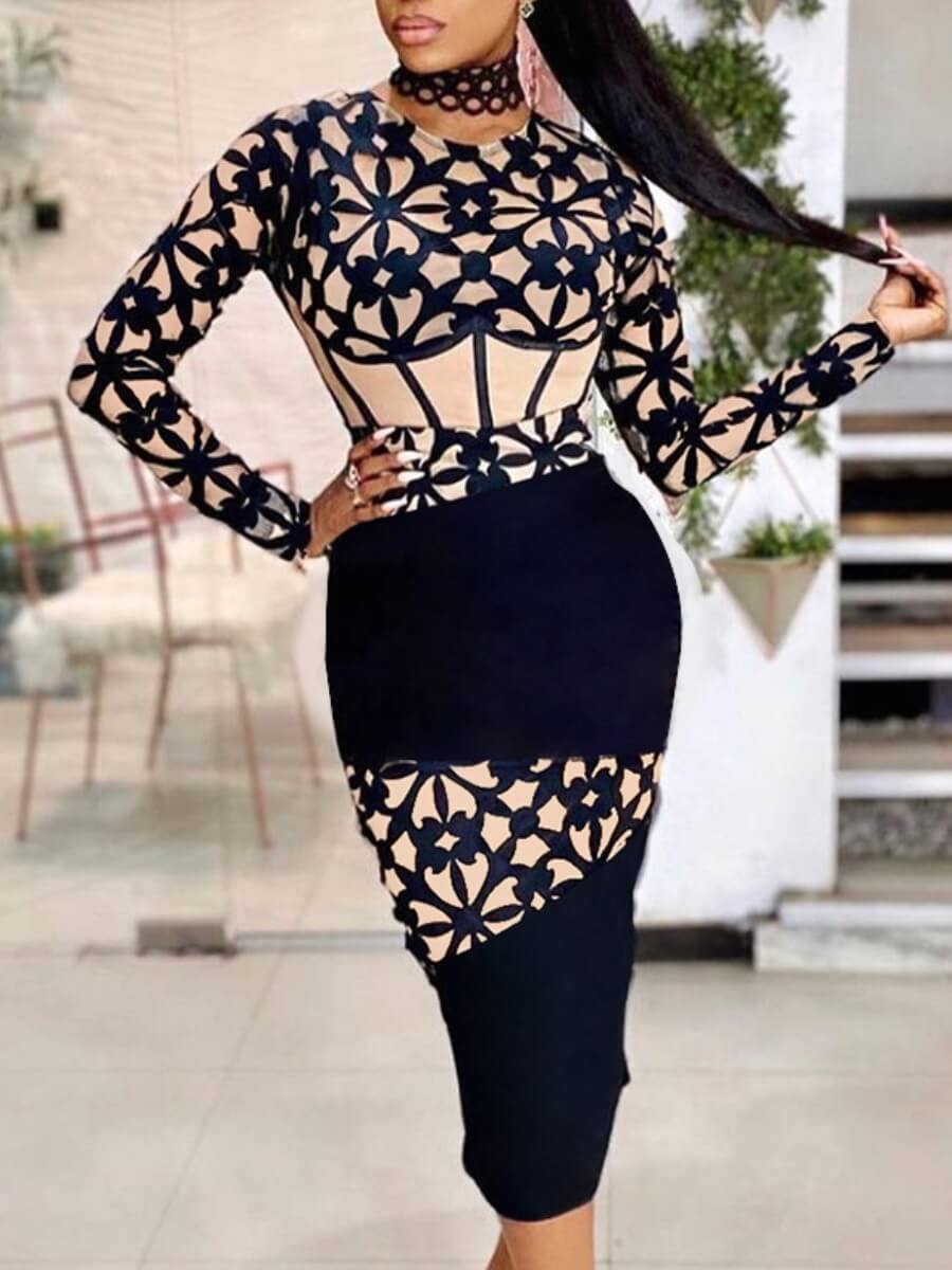 Lovely Trendy Floral Print Patchwork Black Mid Calf Dress 
Lovely Trendy Floral Print Patchwork Black Mid Calf Dress