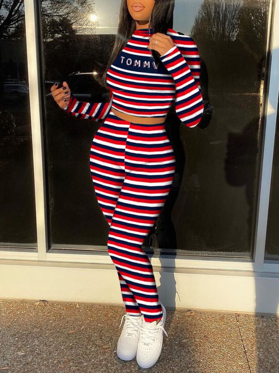 Lovely Sweet Letter Print Striped Multicolor Two Piece Pants Set, Multicolor stripe
Lovely Sweet Letter Print Striped Multicolor Two Piece Pants Set, Multicolor stripe