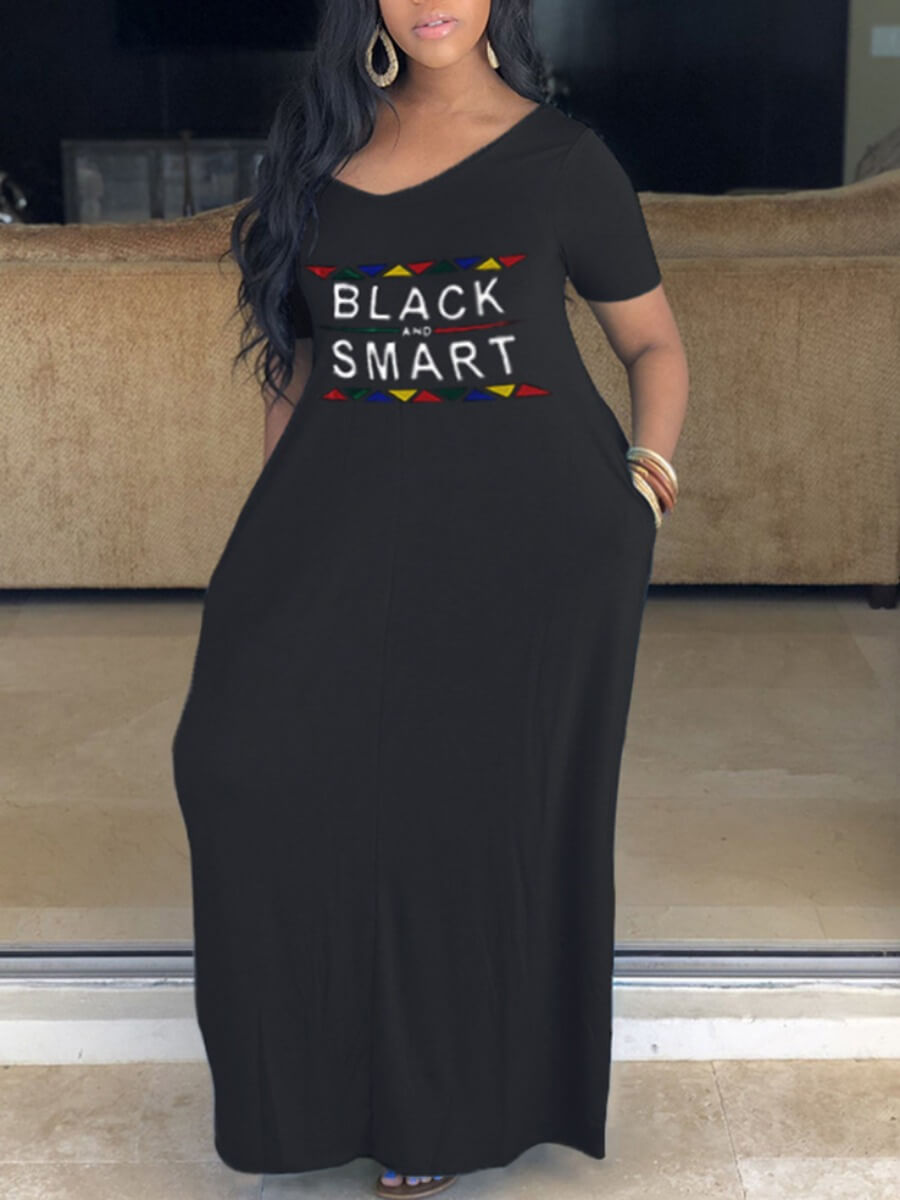 Lovely Plus Size Casual V Neck Letter Print Black Ankle Length A Line Dress
Lovely Plus Size Casual V Neck Letter Print Black Ankle Length A Line Dress