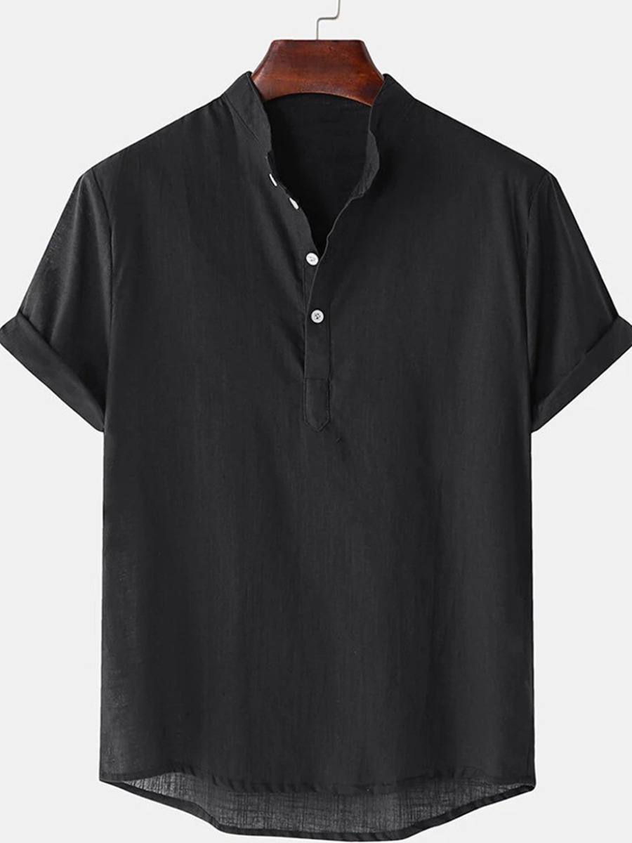 Lovely Casual Mandarin Collar Button Decorative Black Men Shirt