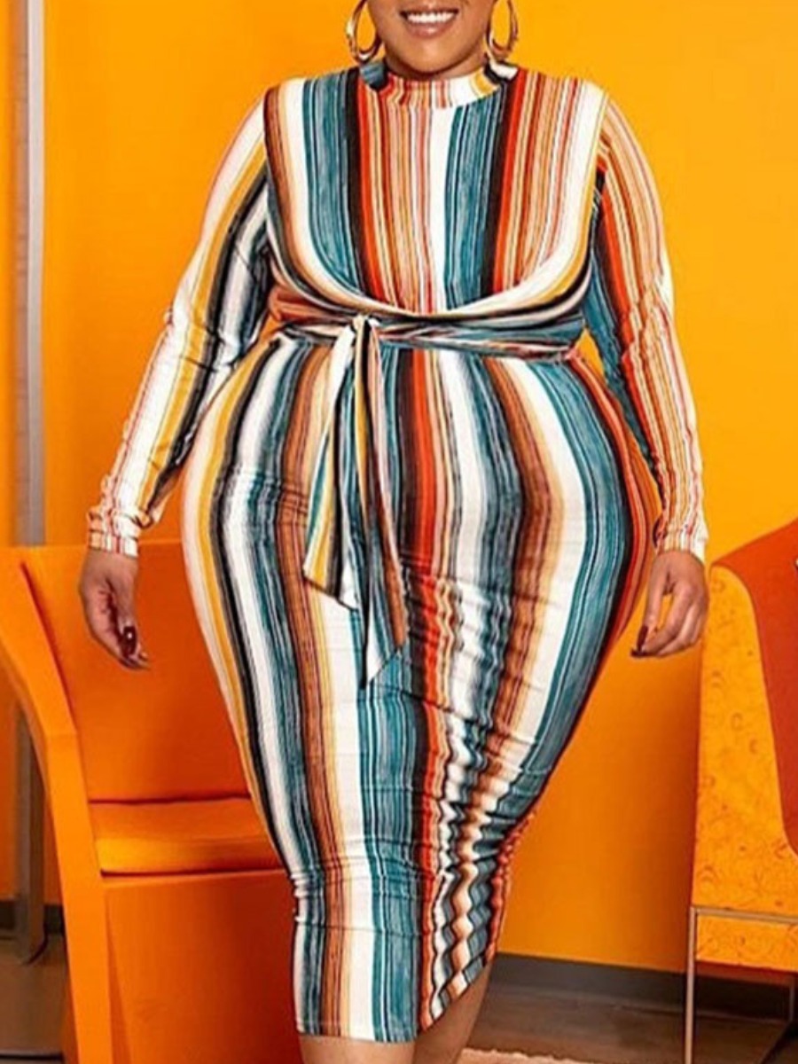 Lovely Plus Size Casual Striped Bandage Design Multicolor Mid Calf Dress, Multi
Lovely Plus Size Casual Striped Bandage Design Multicolor Mid Calf Dress, Multi