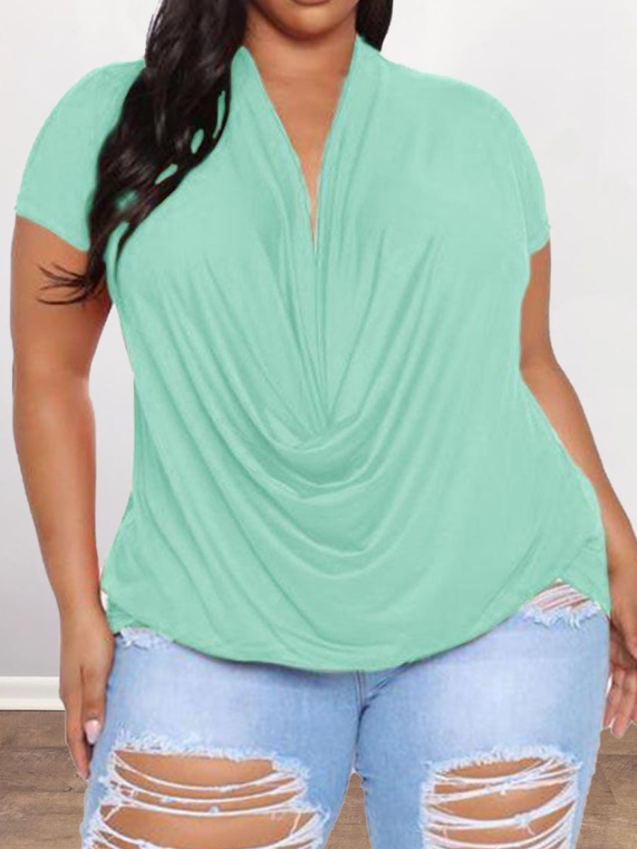LW Plus Size Casual V Neck Fold Design Green T-shirt