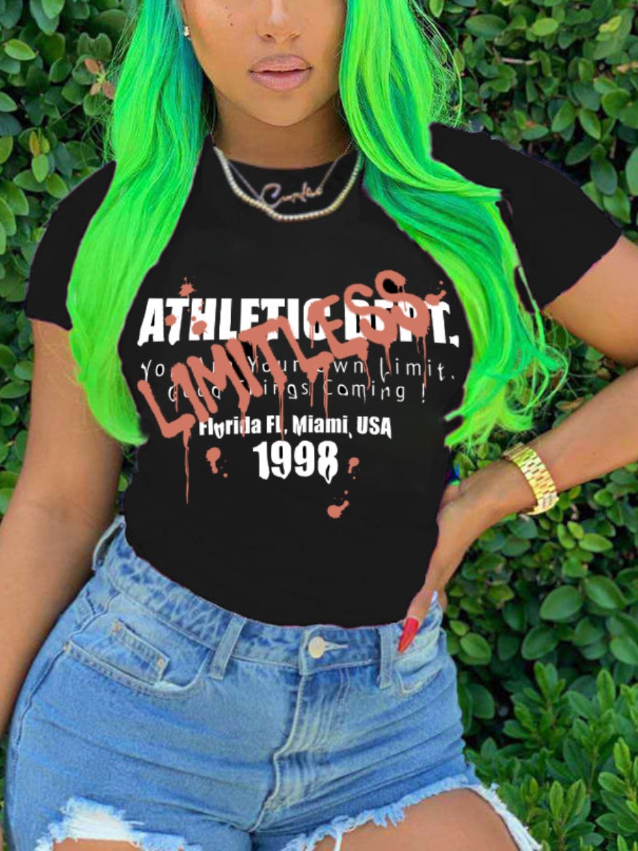Lovely Street O Neck Letter Print Black T-shirt
