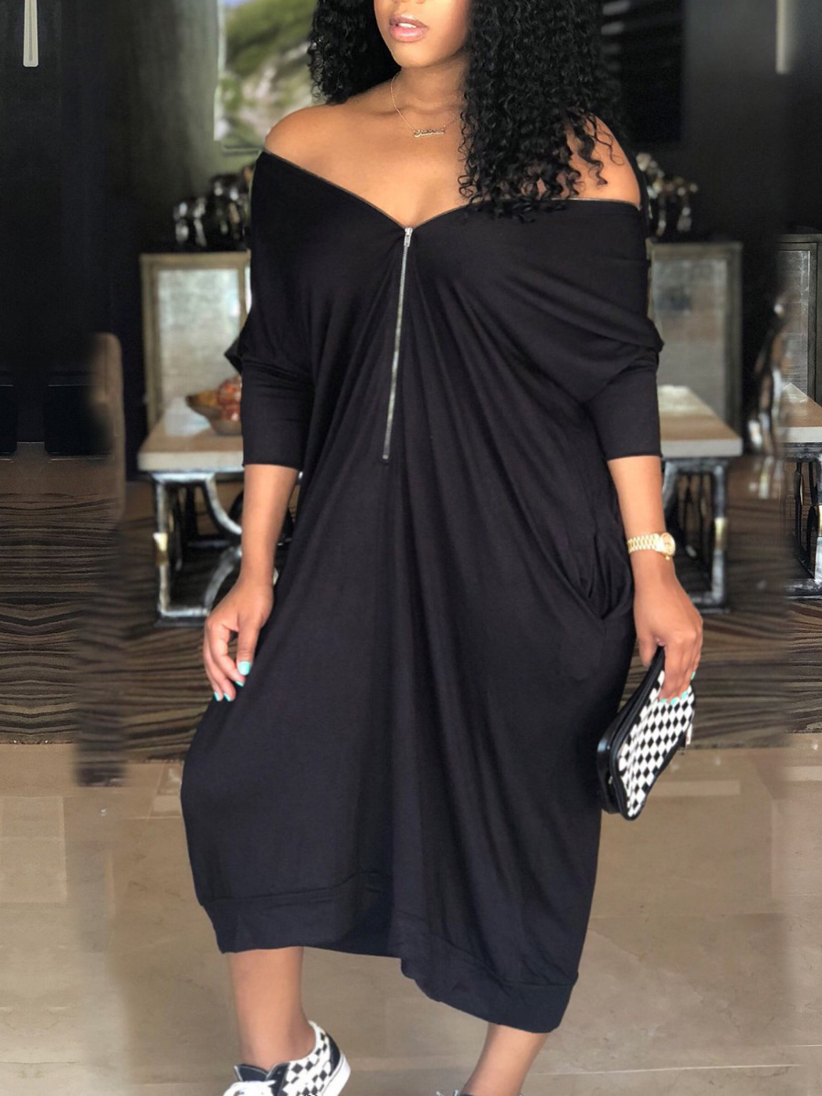 Lovely Casual Off The Shoulder Zipper Design Black Mid Calf Plus Size Dress
Lovely Casual Off The Shoulder Zipper Design Black Mid Calf Plus Size Dress