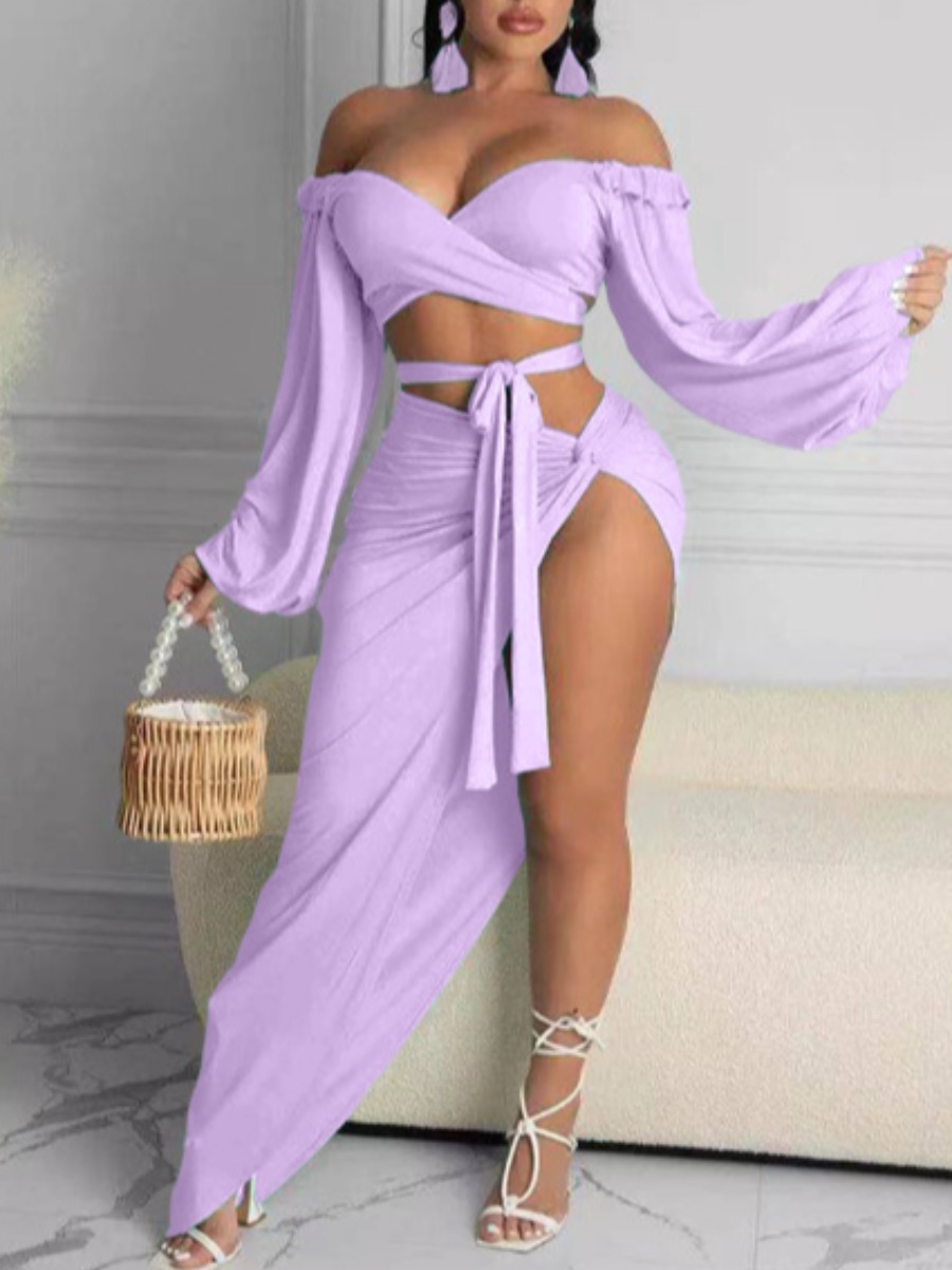Lovely Sexy Off the Shoulder Bandage Design Split Purple Two Piece Skirt Set
Lovely Sexy Off the Shoulder Bandage Design Split Purple Two Piece Skirt Set