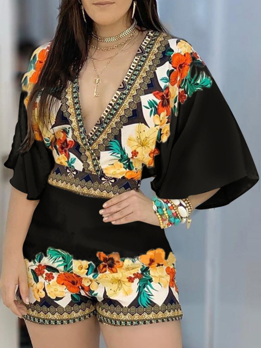 Lovely Plus Size Boho Floral Print Batwing Sleeve Black One-piece Romper
Lovely Plus Size Boho Floral Print Batwing Sleeve Black One-piece Romper