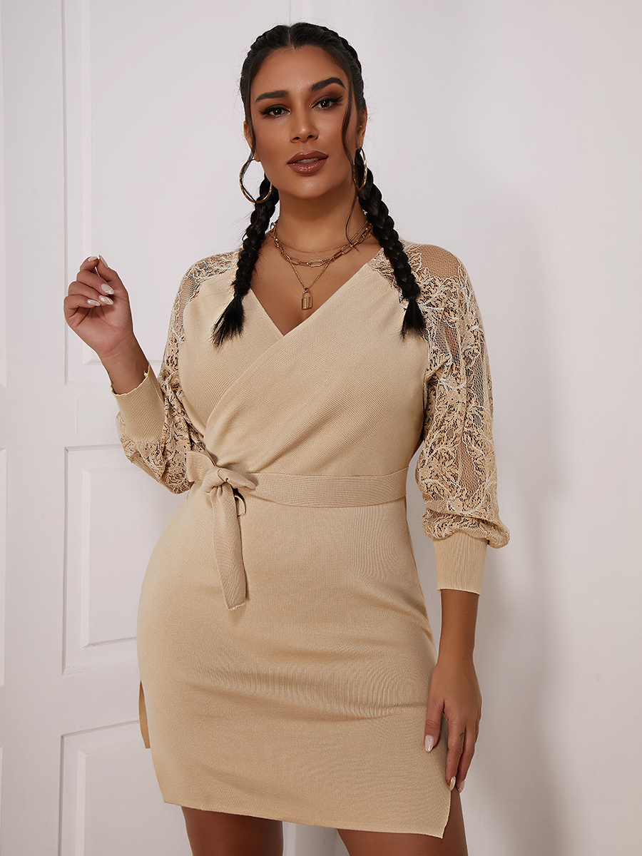 LW Lace Sleeve Bandage Slit Swearter Dress, Apricot 
LW Lace Sleeve Bandage Slit Swearter Dress, Apricot