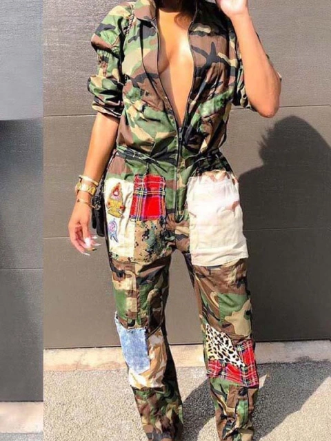 Patchwork store camo jumpsuit