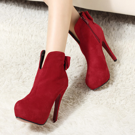 Sweet Suede Round Toe Back Bow Tie Super High Stiletto Short Red ...