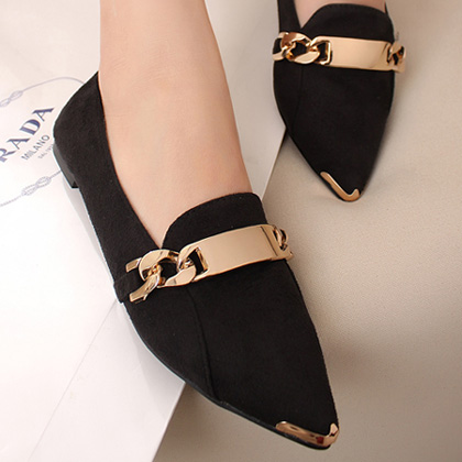 All Matched Pointed Closed Toe Buckle Embellished Flat Low Heel Black ...