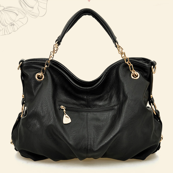 Fashion Women Zipper Tassels Embellished Solid Black Leather Handbags ...