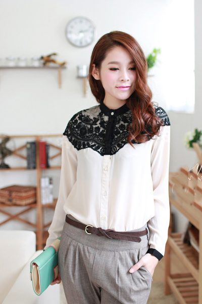 Korean Splicing Lace Mandarin Collar Long Sleeves White Spandex Blouses ...
