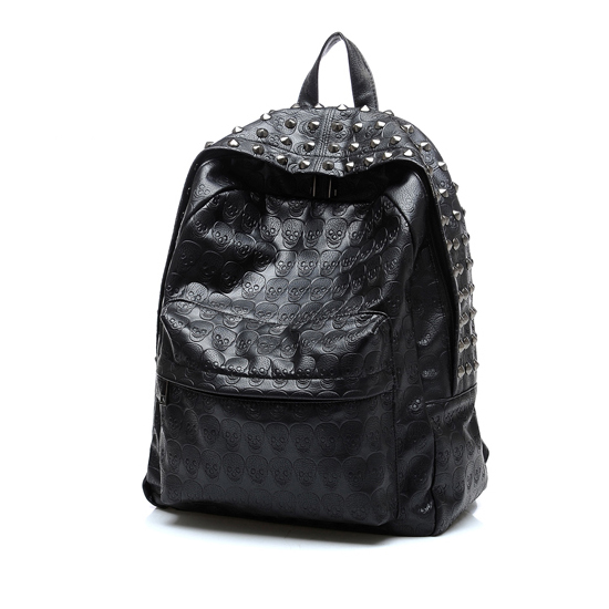 European Styles Zipper Design and Skull Pattern Black Leather Backpacks