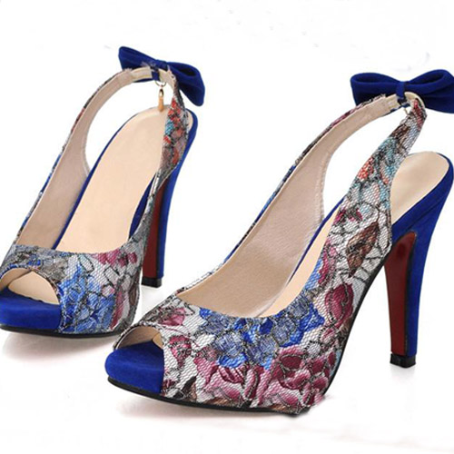Sexy Lace Round Peep Toe Super High Stiletto Bowknot Blue Sandals ...