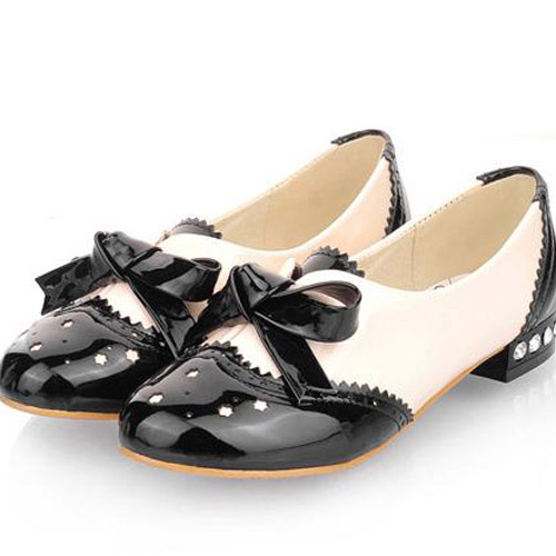 Casual Round Closed Toe Bow Tie Embellished Patchwork Black PU Flats ...