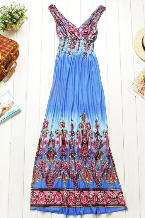 Bohemian Style Fashion V Neck Sleeveless Beach Blue Cotton Dress ...