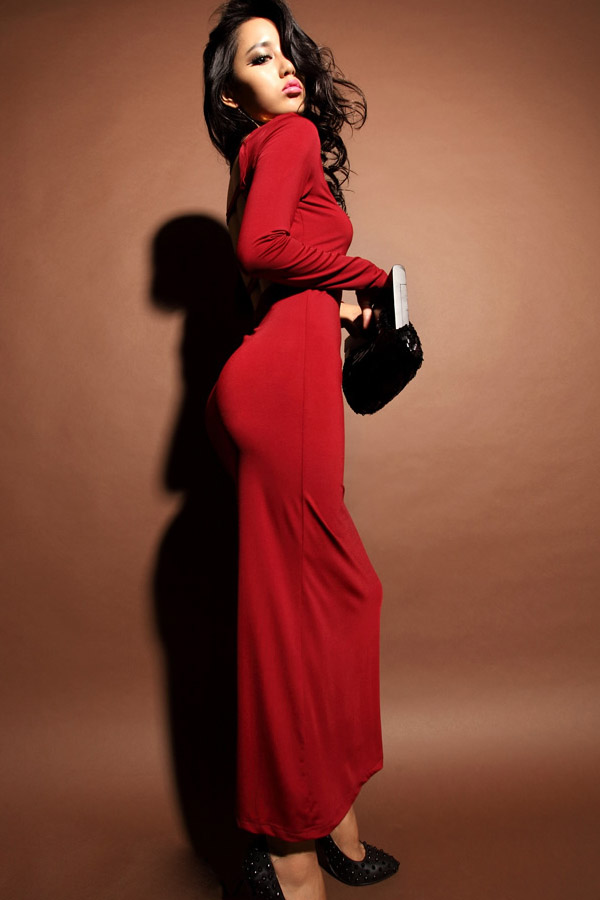 red long sleeve sheath dress
