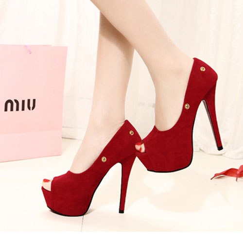 Fashion Round Peep Toe Back Bow Tie Embellished Stiletto High Heels Red Suede Ankle Strap Pumps 