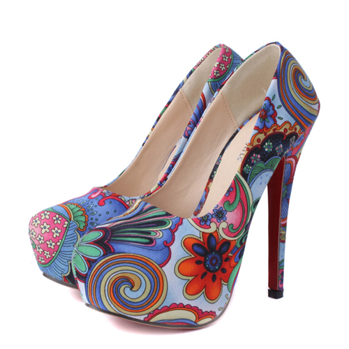 Fashion Nation Floral Print Round Closed Toe Stiletto High Heels Blue ...