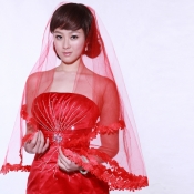 Modern Lace-trim Red Gauze Wedding Veil