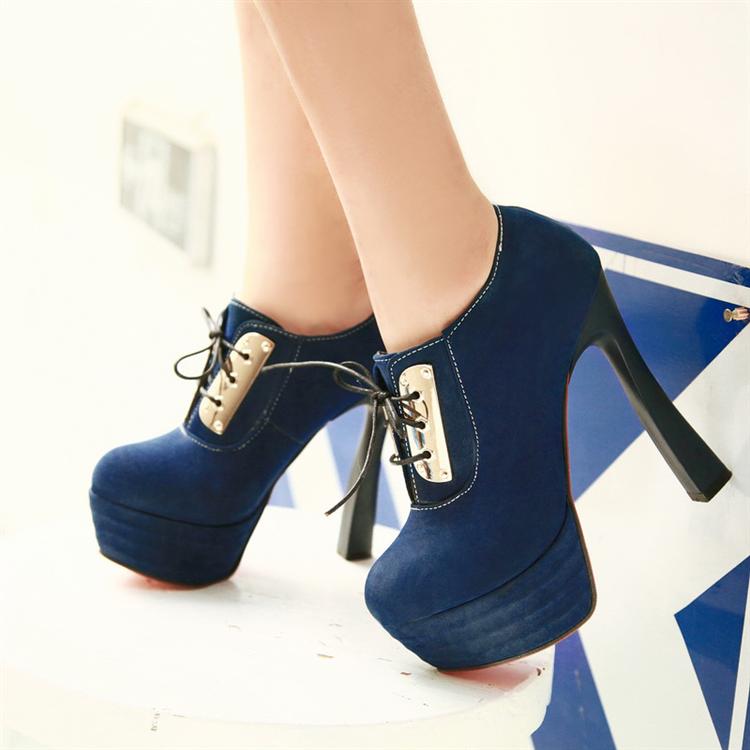 Fashion Round Closed Toe Metallic Lace-up Stiletto High Heels Blue ...