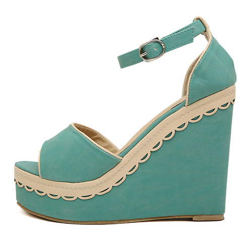 Fashion Lace Trim Wedge High Heels Blue Suede Ankle Strap Sandals ...