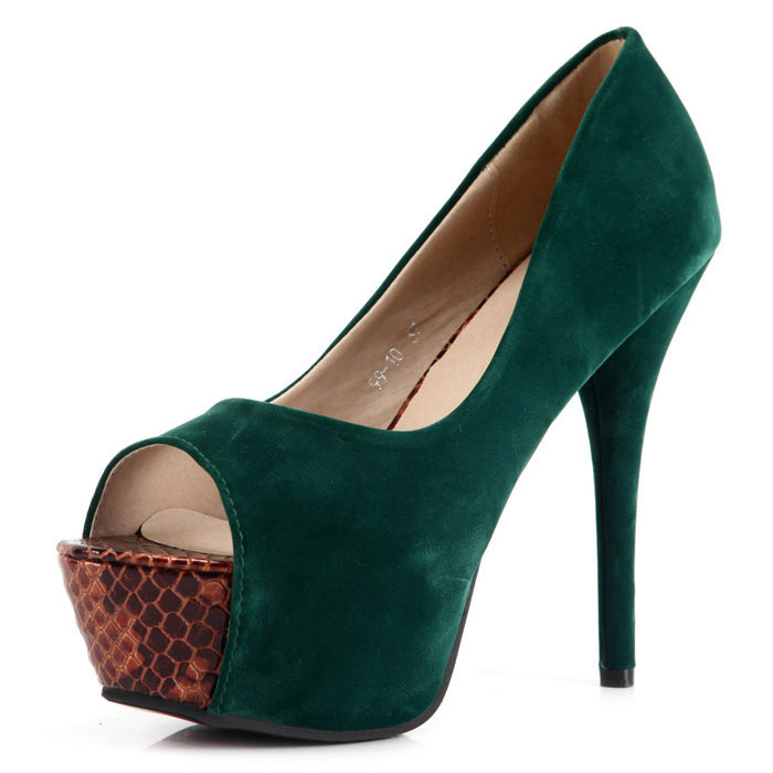 Fashion Round Peep Toe Platform Stiletto High Heels Green Leather Pumps