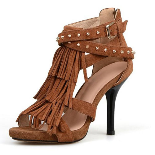 Fashion Tassels Rivet Embellished Stiletto High Heels Brown Calf Ankle ...