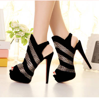 Fashion Round Peep Toe Striped Stiletto High Heels Black Suede ...