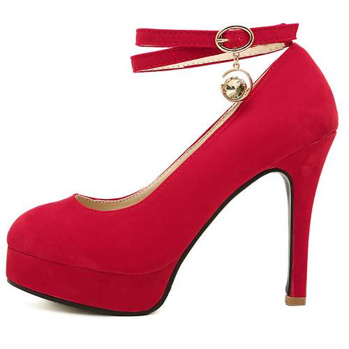 Fashion Round Closed Toe Stiletto High Heels Red Suede Ankle Strap Pumps_Pumps_Shoes 