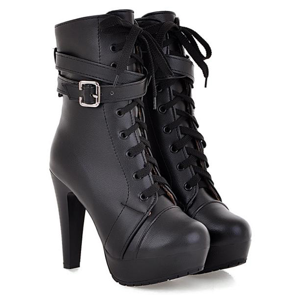 Spring Autumn Round Toe Lace Up Chunky High Heels Black Leather Short ...
