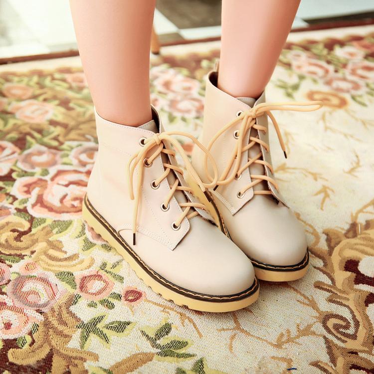 Spring Autumn Round Toe Flat Low Heel Lace Up Ankle Beige Snow Boots ...